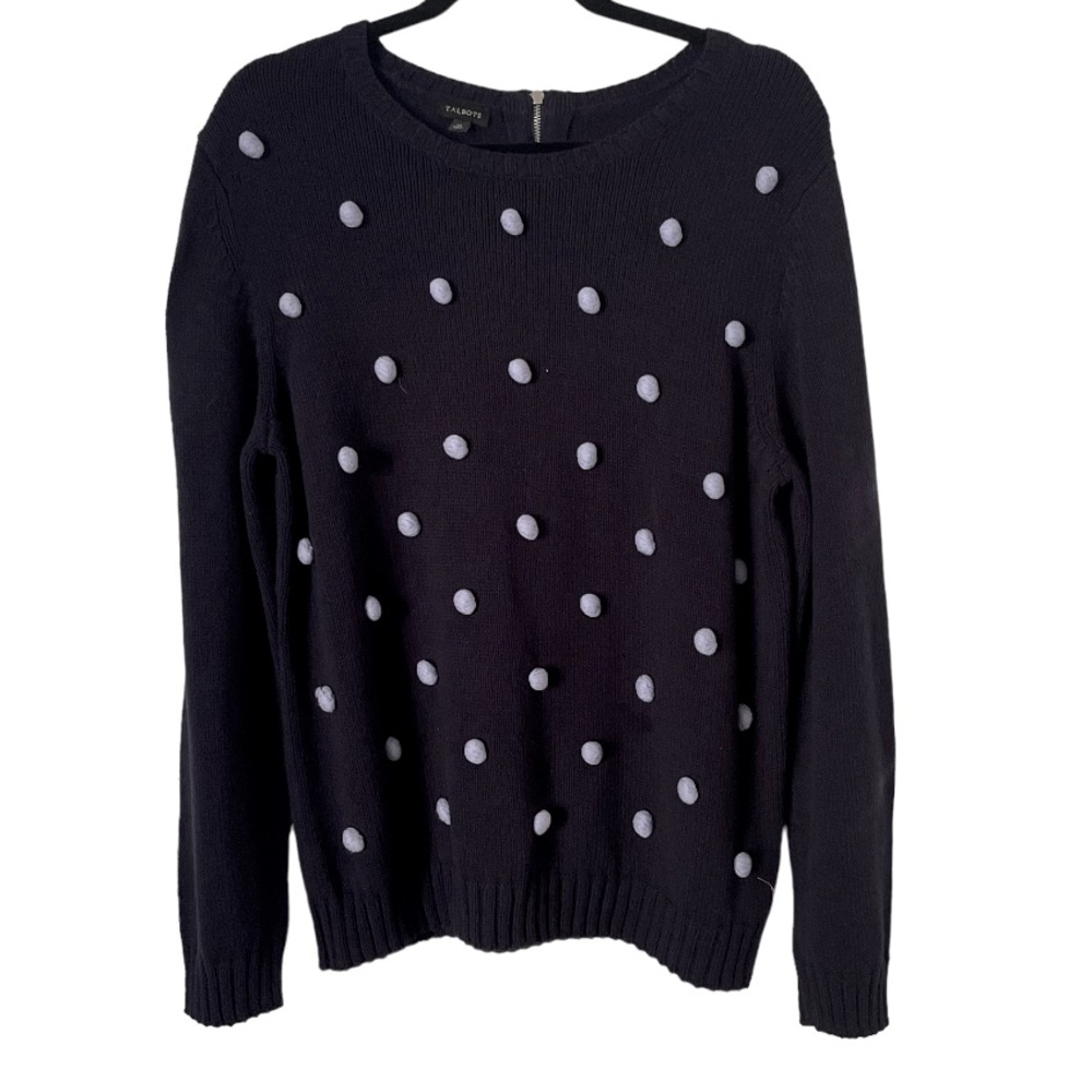 Talbots Long Sleeve Crewneck Sweater Navy Blue with‎ Light Blue Pom Poms
